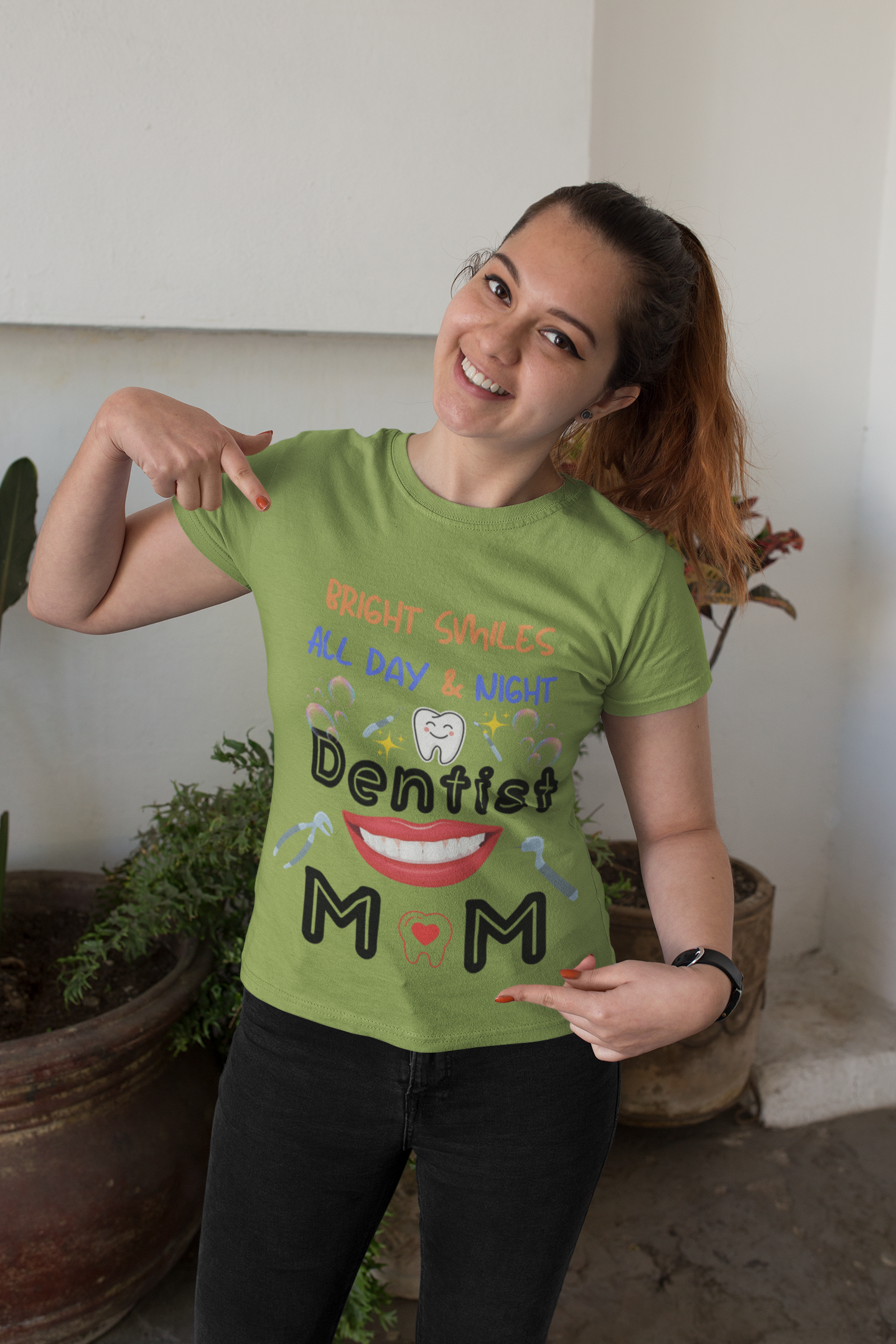Funny Dentist Mom Tee - Bright Smiles All Day & Night, DentistMom,BrightSmiles,MomLife,DentalLife,SuperMom,DentalHygiene,MomOfAllTrades,TeethGoals