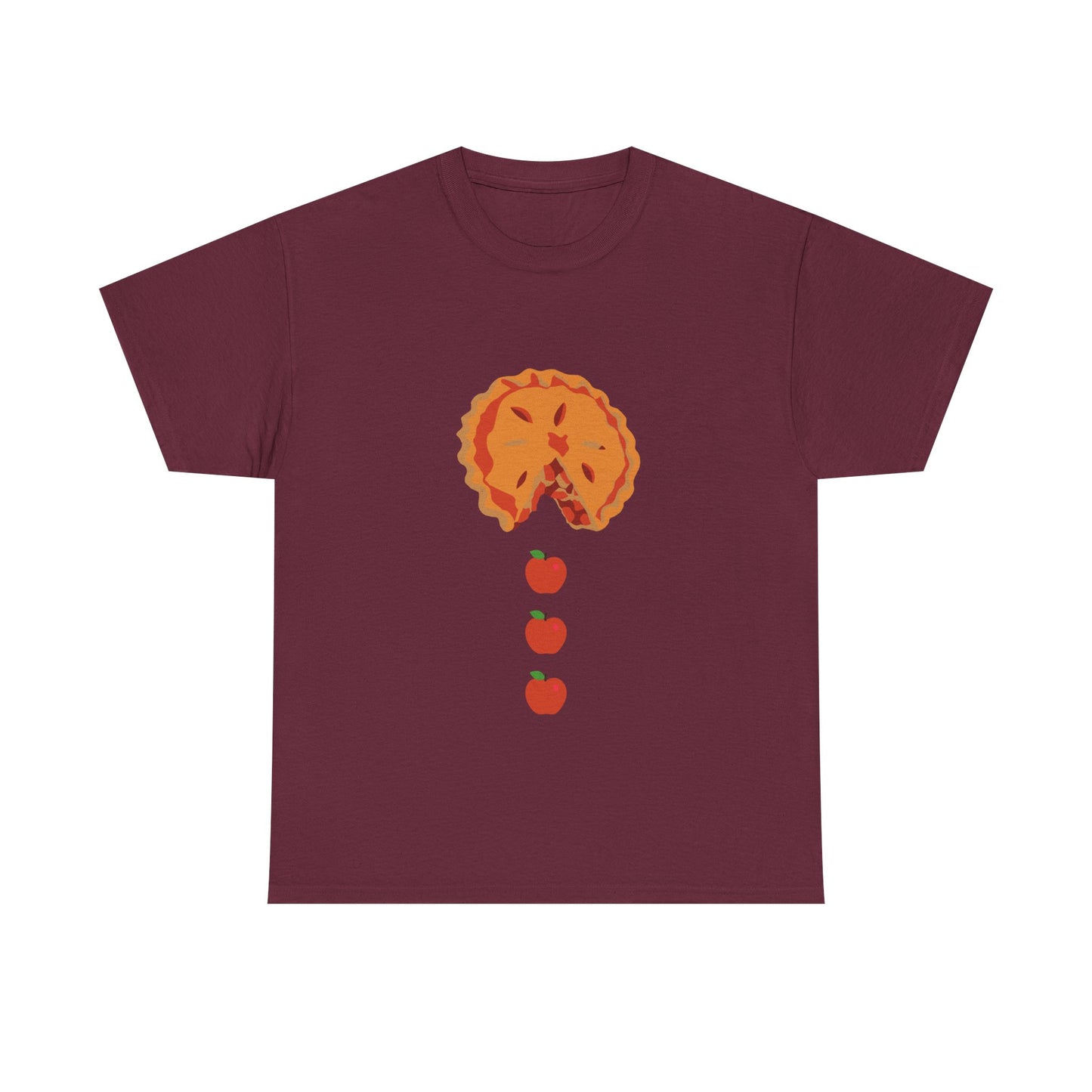 Pacman Apple Pie Tee for Thanksgiving, Thanksgiving apple pie apparel, fall pie lover graphic tee, retro arcade food art shirt, Pac-Man ghost pie chaser tee, whimsical floating apple design,