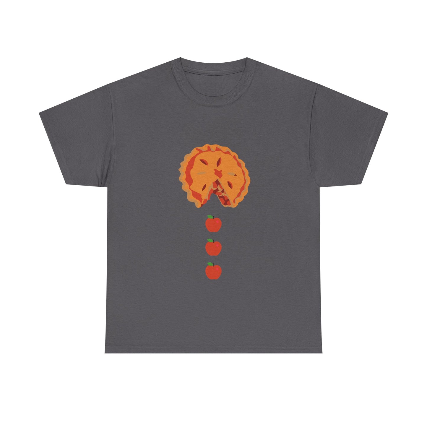 Pacman Apple Pie Tee for Thanksgiving, Thanksgiving apple pie apparel, fall pie lover graphic tee, retro arcade food art shirt, Pac-Man ghost pie chaser tee, whimsical floating apple design,