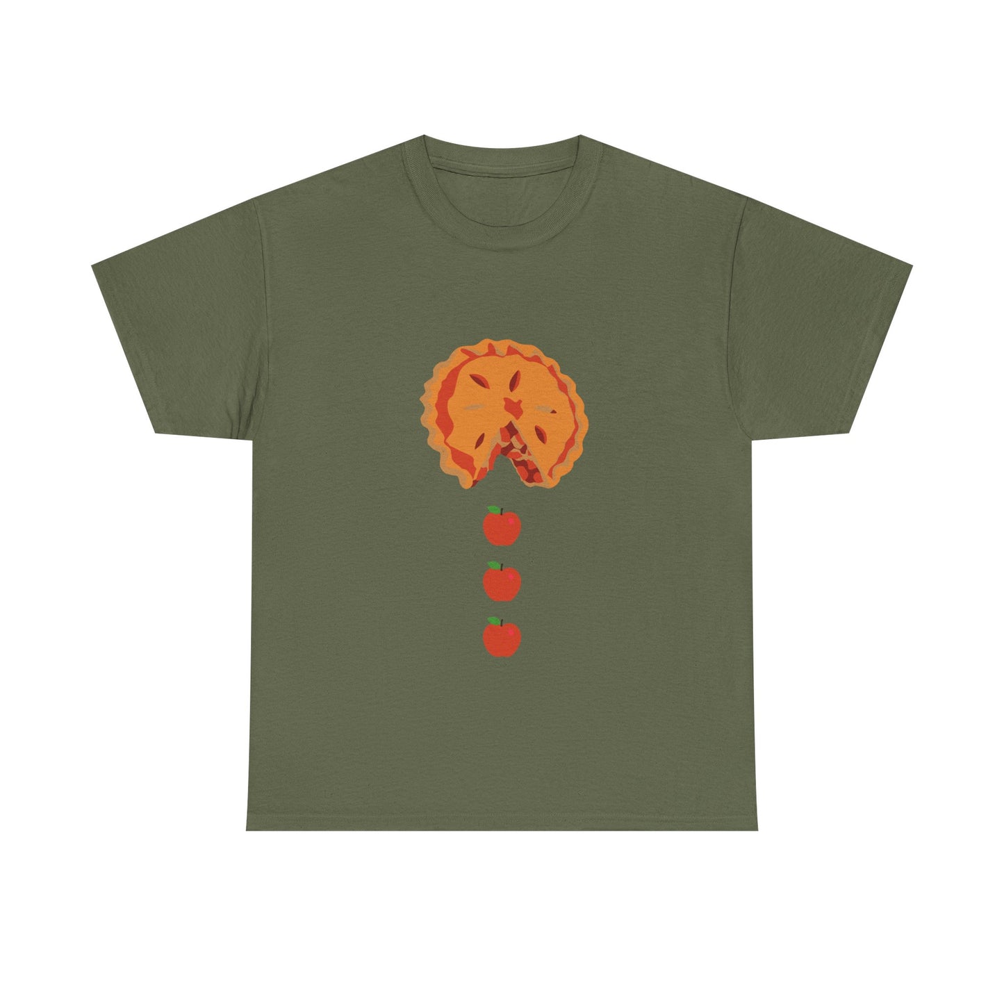 Pacman Apple Pie Tee for Thanksgiving, Thanksgiving apple pie apparel, fall pie lover graphic tee, retro arcade food art shirt, Pac-Man ghost pie chaser tee, whimsical floating apple design,