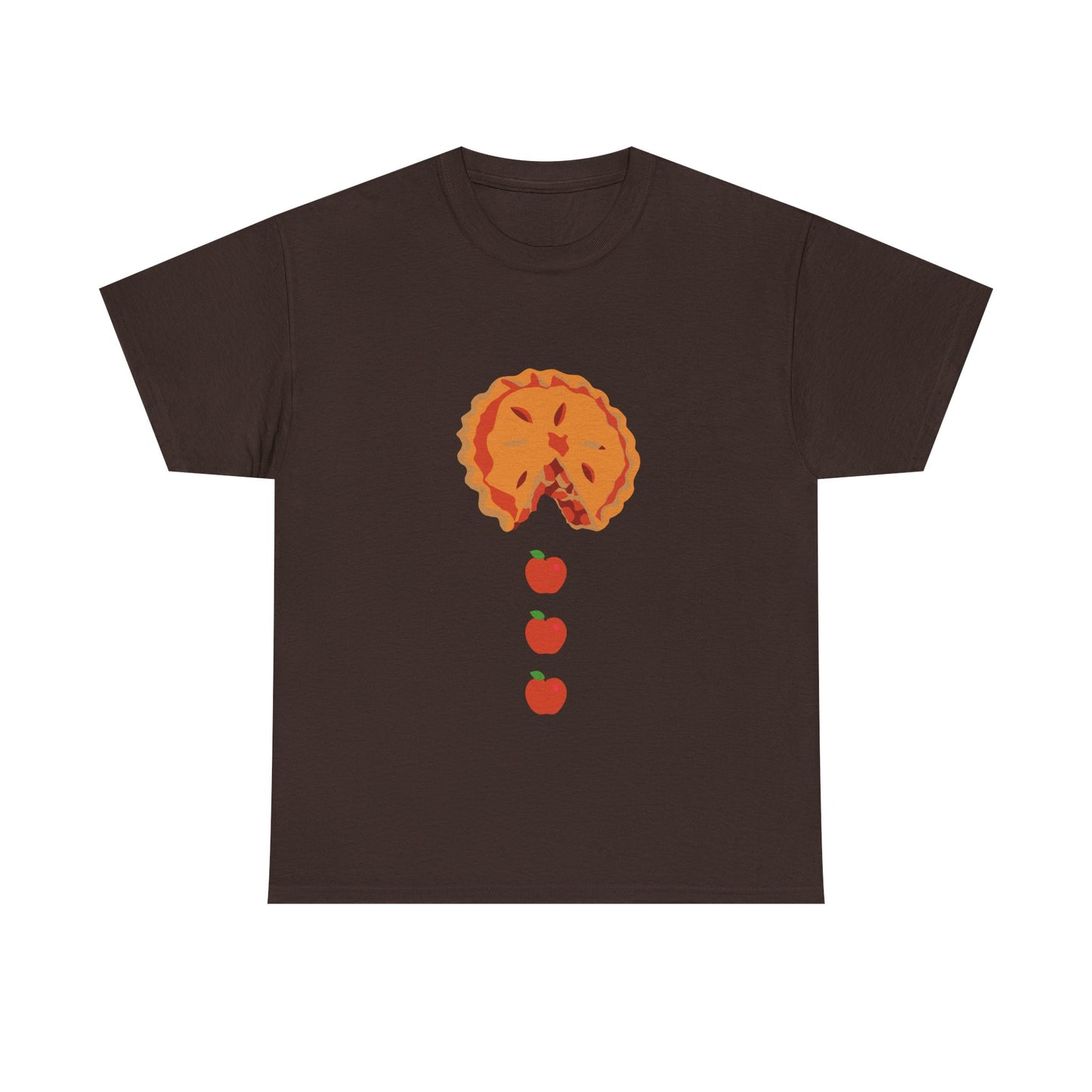 Pacman Apple Pie Tee for Thanksgiving, Thanksgiving apple pie apparel, fall pie lover graphic tee, retro arcade food art shirt, Pac-Man ghost pie chaser tee, whimsical floating apple design,