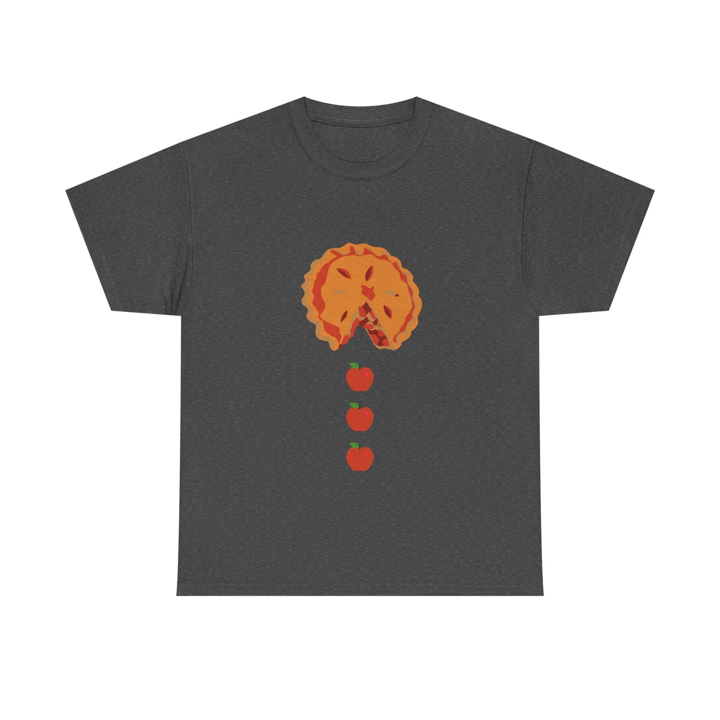 Pacman Apple Pie Tee for Thanksgiving, Thanksgiving apple pie apparel, fall pie lover graphic tee, retro arcade food art shirt, Pac-Man ghost pie chaser tee, whimsical floating apple design,