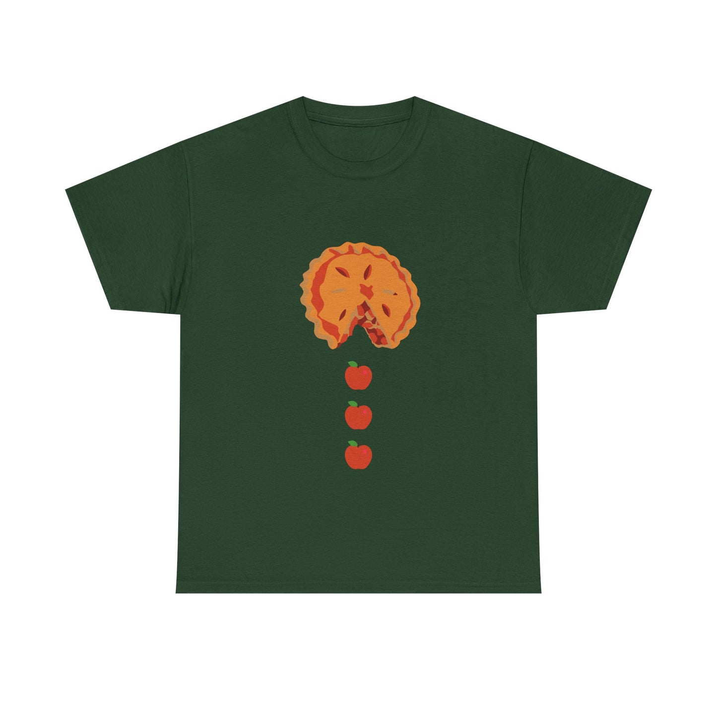 Pacman Apple Pie Tee for Thanksgiving, Thanksgiving apple pie apparel, fall pie lover graphic tee, retro arcade food art shirt, Pac-Man ghost pie chaser tee, whimsical floating apple design,