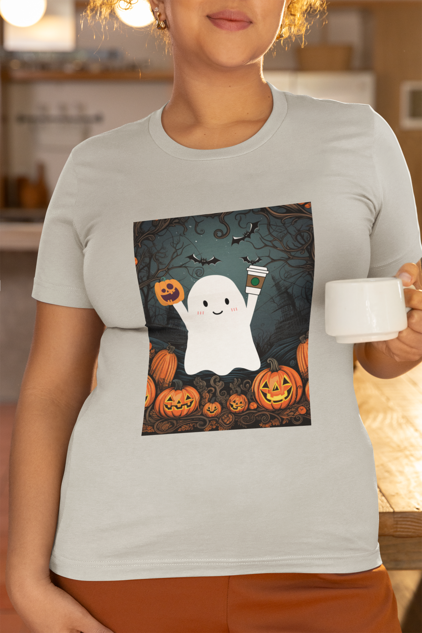 Сute Ghost Pumpkin Coffee Shirt Unisex Jersey Short Sleeve Tee