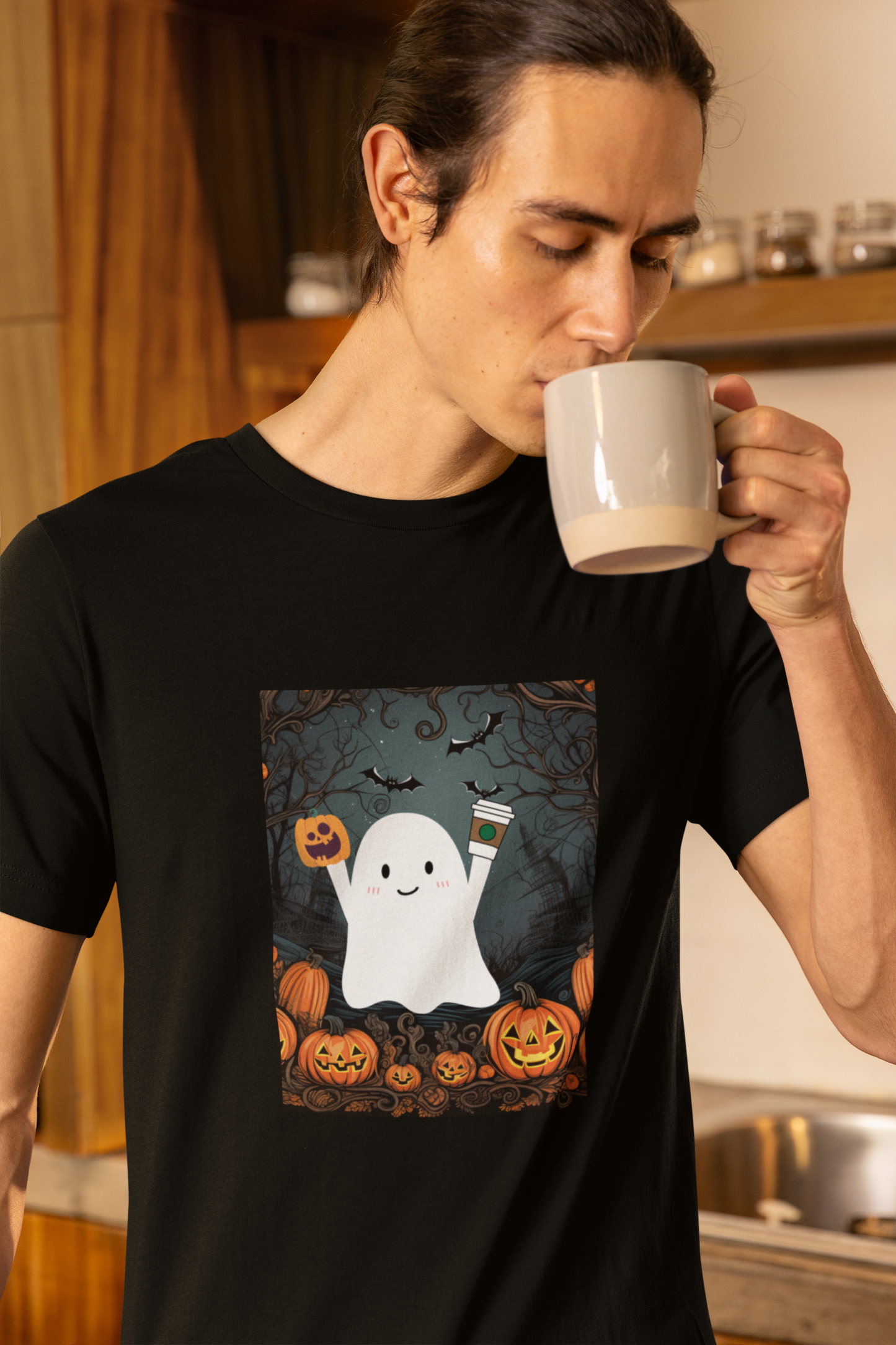 Сute Ghost Pumpkin Coffee Shirt Unisex Jersey Short Sleeve Tee