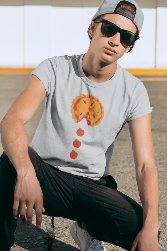 Pacman Apple Pie Tee for Thanksgiving, Thanksgiving apple pie apparel, fall pie lover graphic tee, retro arcade food art shirt, Pac-Man ghost pie chaser tee, whimsical floating apple design,